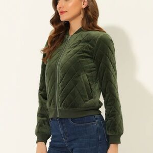Allegra K Dark Green Quilted Bomber Jacket
